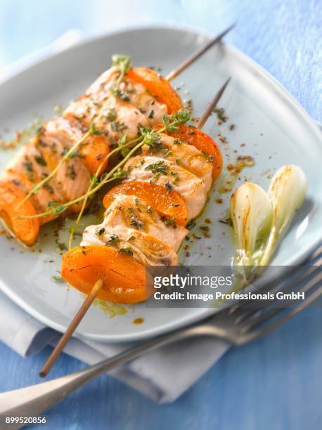 salmon-apricot brochette - citrics stock pictures, royalty-free photos & images