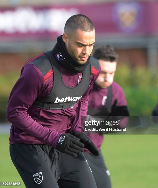 Winston Reid of West Ham United goes through some drills during training at Rush Green on December 29, 2017 in Romford, England.