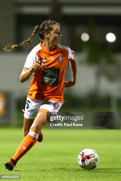 Celeste Boureille of the Roar looks to cross the ball during the round nine W-League match between the Perth Glory and Brisbane Roar at Dorrien...