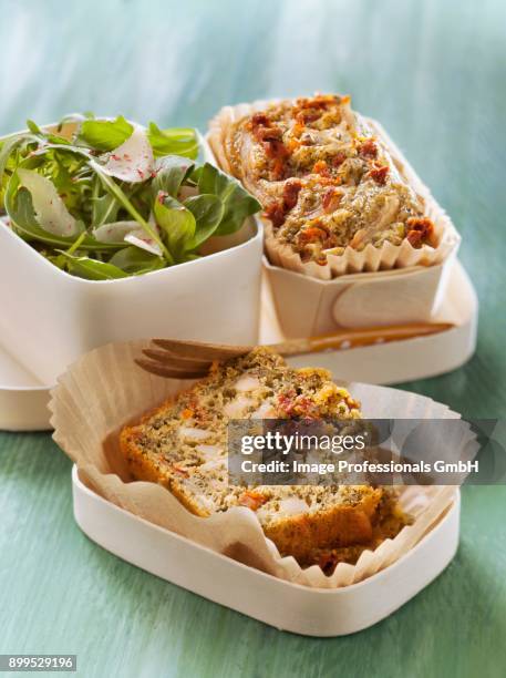 chicken,sun-dried tomato and tarragon savoury cake ,corn salad-rocket lettuce and parmesan salad - dragon stockfoto's en -beelden