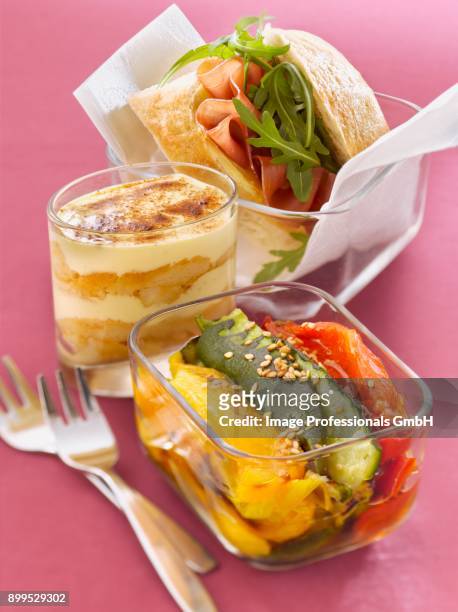 raw ham and rocket lettuce ciabatta sandwich,antipasti and tiramisu - zucchine stock pictures, royalty-free photos & images