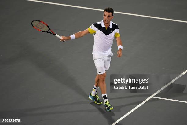 Roberto Bautista Agut of Spain looks on after winning exhibition match against Andy Murray of Great Britain on day two of the Mubadala World Tennis...