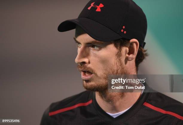 Andy Murray of Great Britain looks on during his exhibition match against Roberto Bautista Agut of Spain on day two of the Mubadala World Tennis...