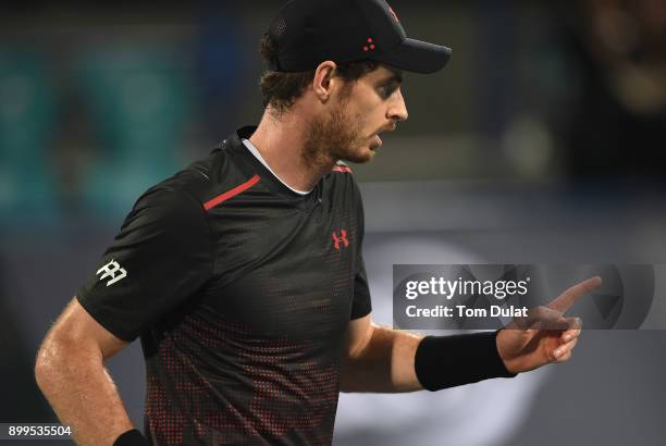 Andy Murray of Great Britain looks on during his exhibition match against Roberto Bautista Agut of Spain on day two of the Mubadala World Tennis...