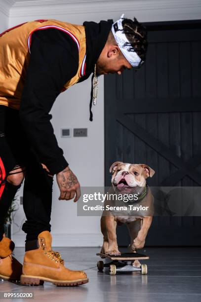 DeAndre Yedlin poses for photos with his English Bulldog, Simba during a photo shoot in Jesmond on November 30 in Newcastle upon Tyne, England.