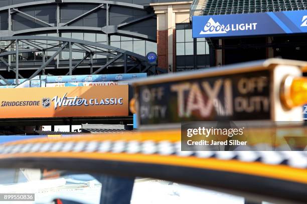 Theming props are set up as the rink build process continues at Citi Field ahead of the 2018 Bridgestone NHL Winter Classic between the Buffalo...