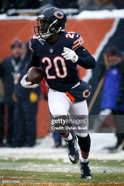 Prince Amukamara of the Chicago Bears runs with the ball after recovering a fumble in the third quarter against the Cleveland Browns at Solider Field...