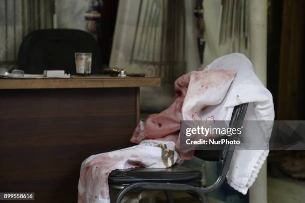 Blood stains can be seen inside the Mar Mina church, after a gun attack on the church in Helwan, Southeastern Cairo, Egypt, 29 December 2017. At...