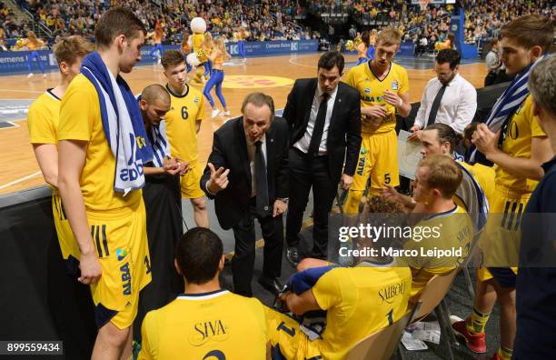 Coach Aito Garcia Reneses of Alba Berlin speaks with the gameern during the game between Alba Berlin and Basketball Loewen Braunschweig on December...