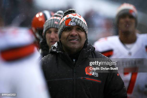 Head coach Hue Jackson of the Cleveland Browns walks off the field after the second quarter against the Chicago Bears at Solider Field on December...