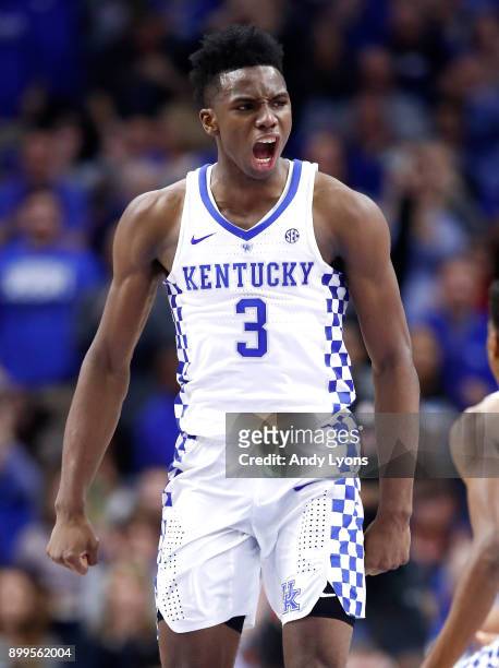 Hamidou Diallo of the Kentucky Wildcats celebrates against the Louisville Cardinals during the game at Rupp Arena on December 29, 2017 in Lexington,...