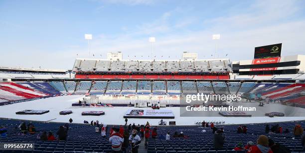 General view of the ice before the game between the United States and Canada at the IIHF World Junior Championship at New Era Field on December 29,...