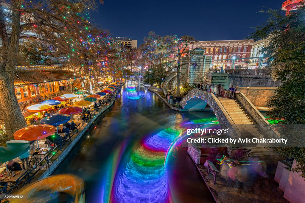 San Antonio River Walk with Christmas Lights in Texas USA