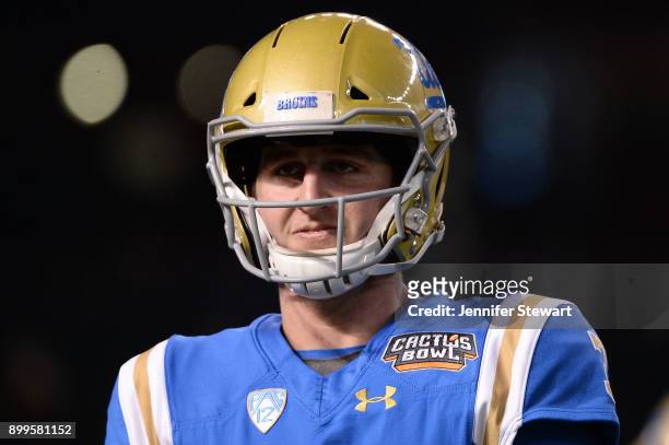 Quarterback Josh Rosen of the UCLA Bruins reacts on the field prior to the Cactus Bowl against Kansas State Wildcats at Chase Field on December 26,...