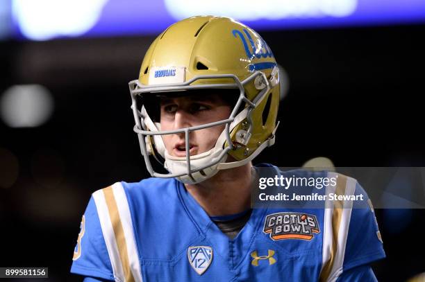 Quarterback Josh Rosen of the UCLA Bruins reacts on the field prior to the Cactus Bowl against Kansas State Wildcats at Chase Field on December 26,...