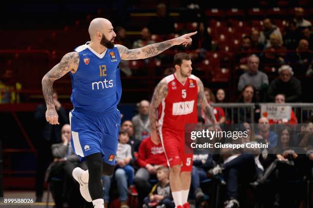 Pero Antic, #12 of Crvena Zvezda mts Belgrade during the 2017/2018 Turkish Airlines EuroLeague Regular Season Round 15 game between AX Armani...