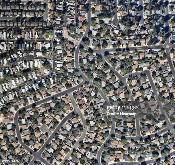 city buildings and streets from above - urban sprawl ストックフォトと画像