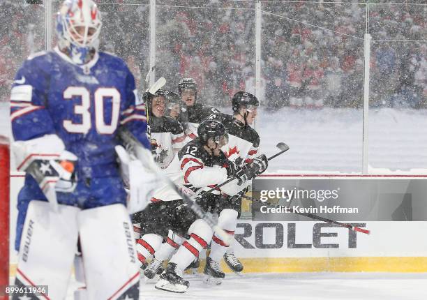 Boris Katchouk of Canada celebrates after scoring a goal on Jake Oettinger of United States in the second period during the IIHF World Junior...