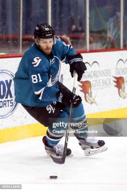 San Jose Barracuda defenseman Jeremy Roy controls the puck during a hockey game between the San Jose Barracuda and Tuscon Roadrunners on December 12...