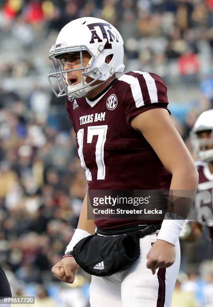Nick Starkel of the Texas A&M Aggies reacts after a play against the Wake Forest Demon Deacons during the Belk Bowl at Bank of America Stadium on...