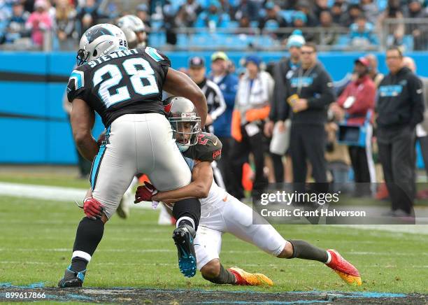 Brent Grimes of the Tampa Bay Buccaneers tackles Jonathan Stewart of the Carolina Panthers during their game at Bank of America Stadium on December...