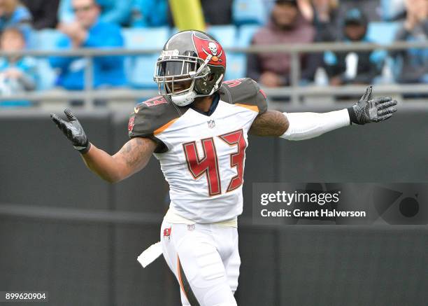 Ward of the Tampa Bay Buccaneers reacts during their game against the Carolina Panthers at Bank of America Stadium on December 24, 2017 in Charlotte,...