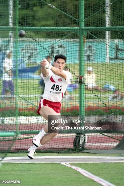 Koji Murofushi competes in the Men's Hammer Throw during the Inter High School Championships at Miyazaki Prefecture Athletic Stadium on August 2,...