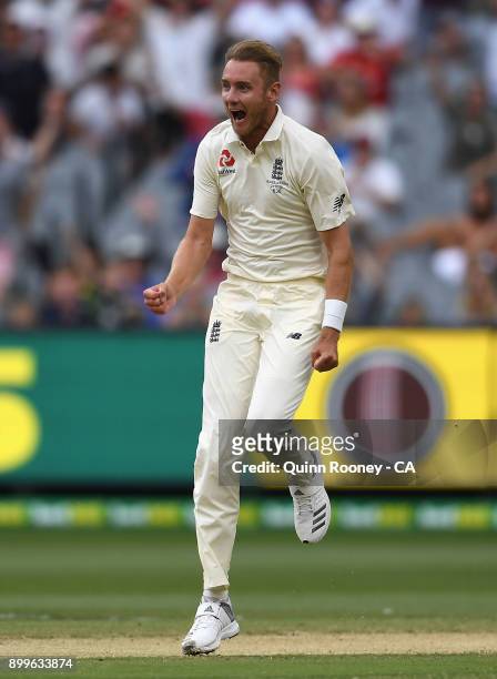 Stuart Broad of England celebrates after taking the wicket of Shaun Marsh of Australia during day five of the Fourth Test Match in the 2017/18 Ashes...