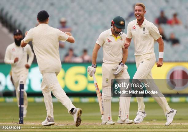 Stuart Broad of England celebrates the wicket of Shaun Marsh of Australia during day one of the Fourth Test Match in the 2017/18 Ashes series between...