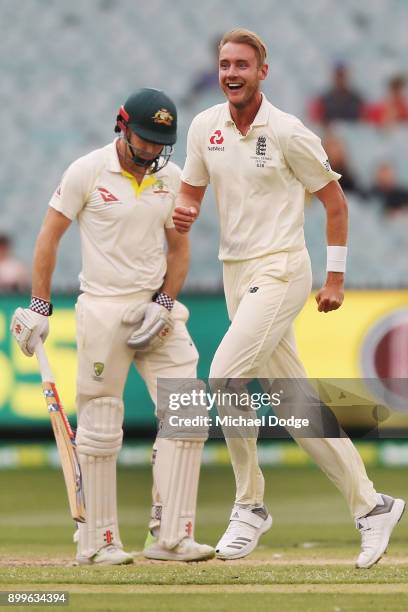 Stuart Broad of England celebrates the wicket of Shaun Marsh of Australia during day one of the Fourth Test Match in the 2017/18 Ashes series between...