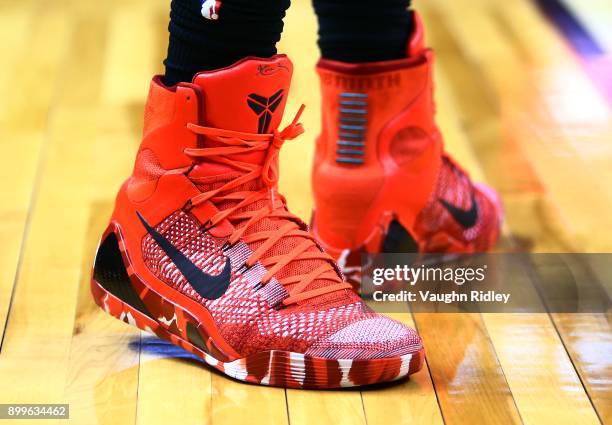 The Kobe 9 Elite 'Christmas' shoes worn by DeMar DeRozan of the Toronto Raptors during the first quarter of an NBA game against the Atlanta Hawks at...