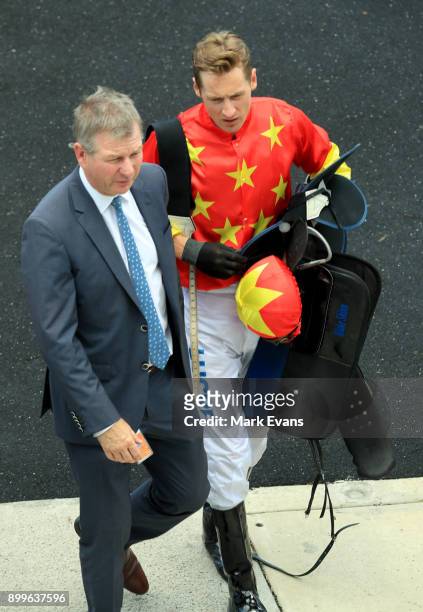 Blake Shinn with trainer Kris Lees after winning race 2 during Sydney Racing at Royal Randwick Racecourse on December 30, 2017 in Sydney, Australia.