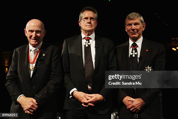 Sir Murray Halberg, Sir John Walker and Sir Peter Snell are acknowledged during the New Zealand Olympic Committee Three Knights Dinner at Civic...