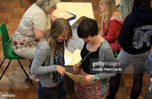 Martha Hutchingson a pupil from Hayesfield Sixth Form smiles she opens her A-level results at Hayesfield Girls School on August 20, 2009 in Bath,...