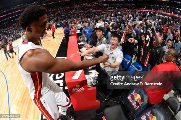 Hassan Whiteside of the Miami Heat greets fan after the game against the LA Clippers on November 5, 2017 at STAPLES Center in Los Angeles,...