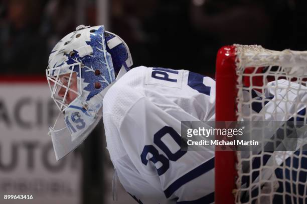 Goaltender Calvin Pickard of the Toronto Maple Leafs stands in goal during the game against the Colorado Avalanche at the Pepsi Center on December...
