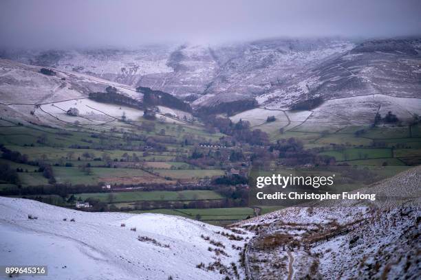 Snow covers the tops of the hills in the Peak District , near Edale on December 28, 2017 in Sheffield, England. Travelers are being warned of...