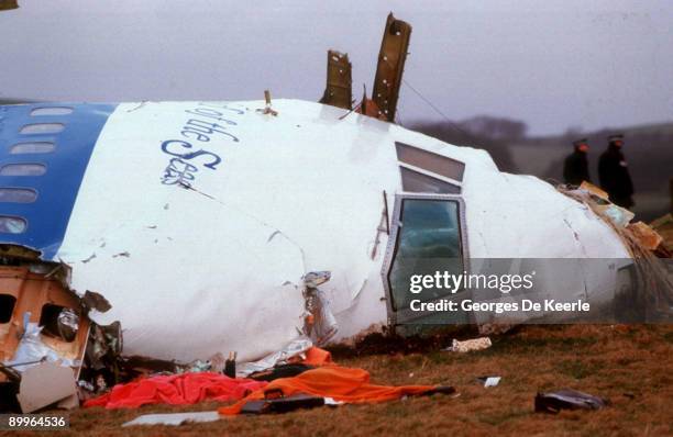 Officials inspect the wreckage of Pan Am flight 103 December 21, 1988 in Lockerbie, Scotland. Convicted terrorist Abdelbaset ali al-Megrahi, has been...