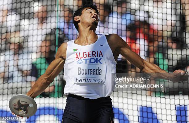 Algeria's Larbi Bouraada competes in the discus throw event of the men's decathlon during the 2009 IAAF Athletics World Championships on August 20,...