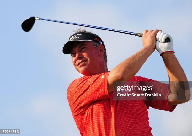 Darren Clarke of Northern Ireland plays his tee shot on the 16th hole during the first round of The KLM Open at Kennemer Golf & Country Club on...