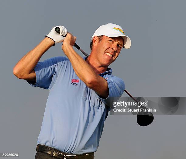 Richard Green of Australia plays his tee shot on the fifth hole during the first round of The KLM Open at Kennemer Golf & Country Club on August 20,...
