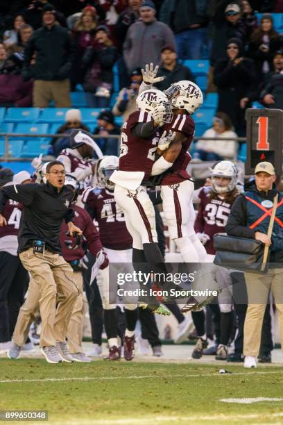 Texas A&M Aggies celebrate after a turnover during the Belk Bowl between the Wake Forest Demon Deacons and Texas A&M Aggies on December 29, 2017 at...