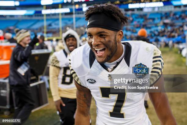 Wake Forest Demon Deacons wide receiver Scotty Washington celebrates after a turnover during the Belk Bowl between the Wake Forest Demon Deacons and...