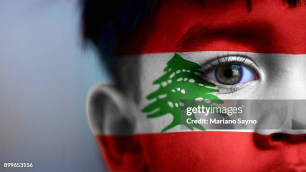 boy's face, looking at camera, cropped view with digitally placed lebanese flag on his face. - liban photos et images de collection