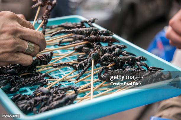 fried skorpions at khao san road in bangkok, thailand - khao san road stock pictures, royalty-free photos & images