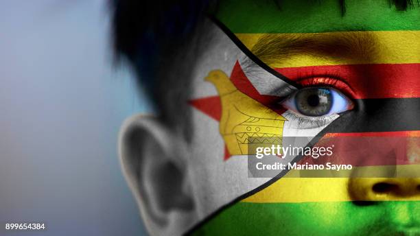 boy's face, looking at camera, cropped view with digitally placed zimbabwe flag on his face. - harare stock pictures, royalty-free photos & images