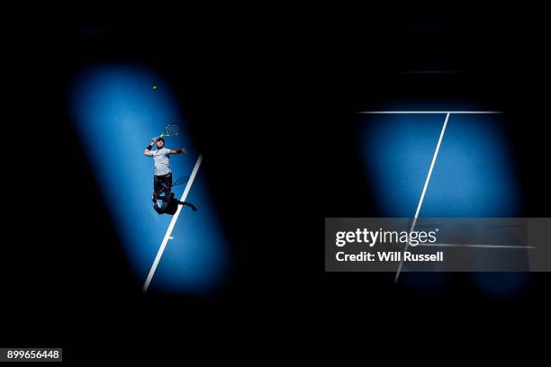 Jack Sock of the United States serves to Karen Khachanov of Russia in the mens singles match of the 2018 Hopman Cup at Perth Arena on December 30,...