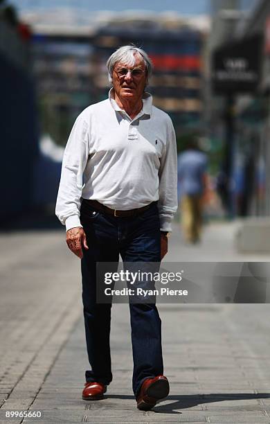 Supremo Bernie Ecclestone is seen in the paddock during previews to the European Formula One Grand Prix at the Valencia Street Circuit on August 20...