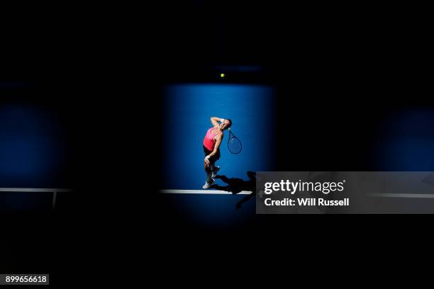 Anastasia Pavlyuchenkova of Russia serves to Coco Vandeweghe of the United States in the womens singles match on day one of the 2018 Hopman Cup match...