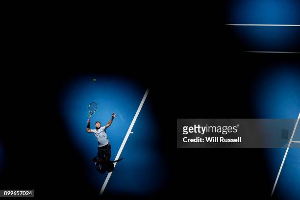 Jack Sock of the United States serves to Karen Khachanov of Russia in the mens singles match on day one of the 2018 Hopman Cup at Perth Arena on...
